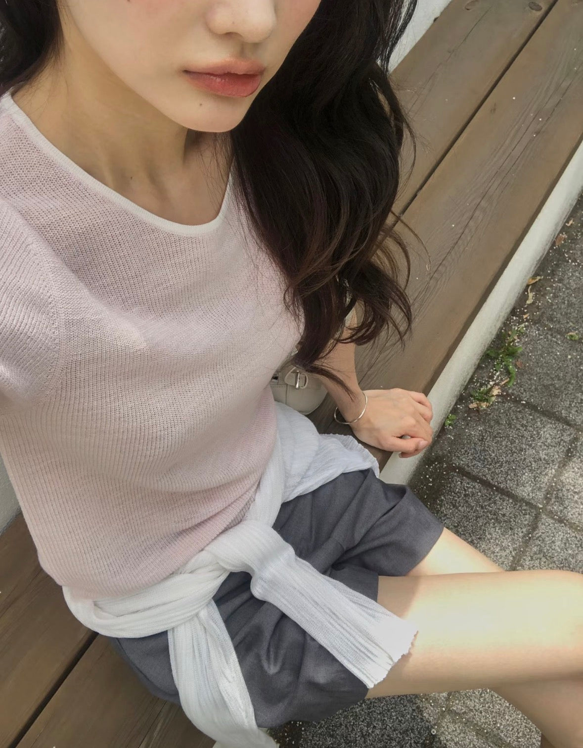 短袖亞麻針織上衣