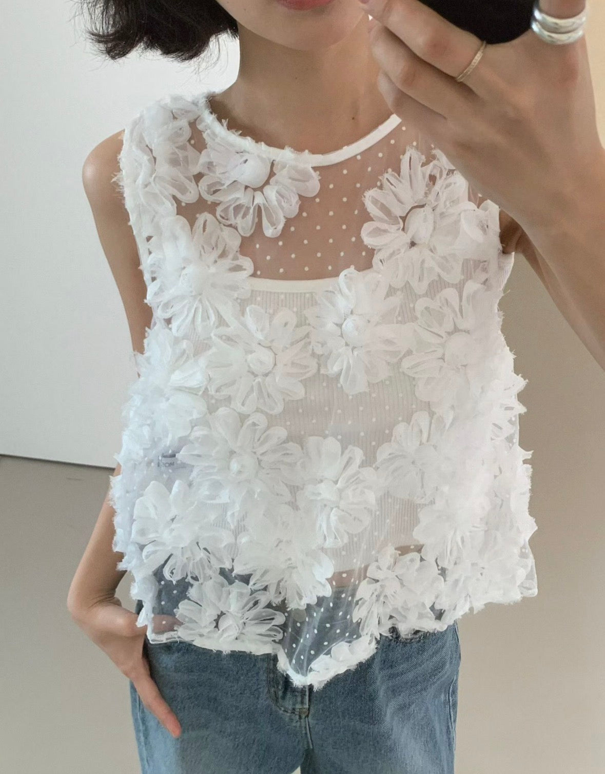 法式立體花卉刺繡無袖上衣