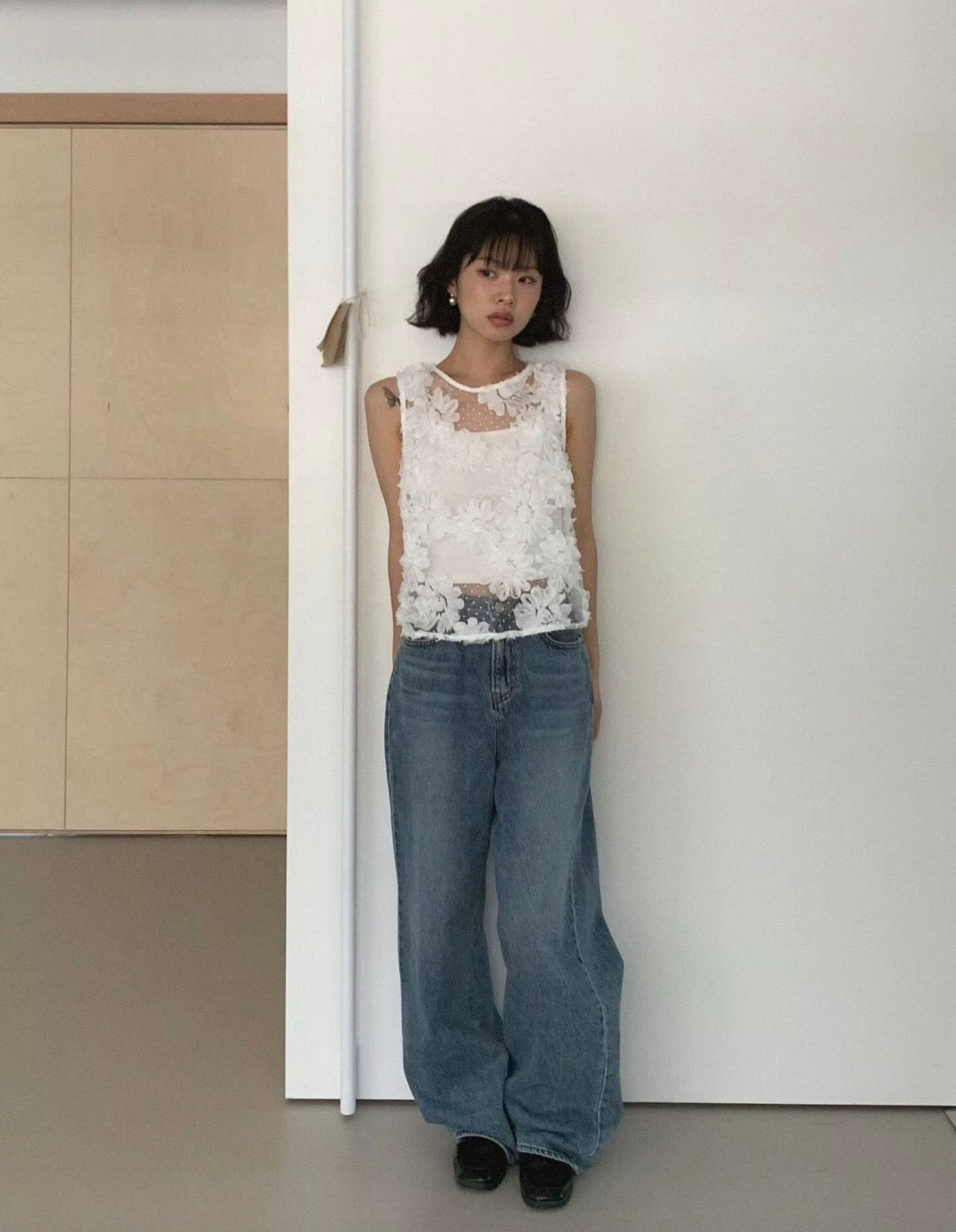 法式立體花卉刺繡無袖上衣